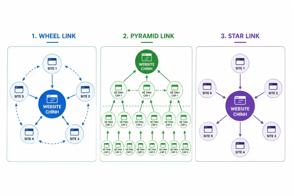 so sánh mô hình Wheel Link, Pyramid Link, Star Link