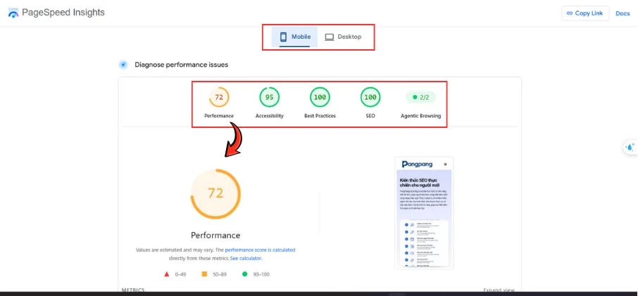 Giao diện kết quả PageSpeed Insights với điểm Performance và hai tab MobileDesktop
