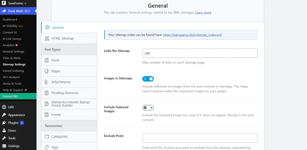Màn hình cấu hình Sitemap Settings của Rank Math SEO trong WordPress