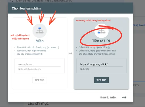 Google Search Console thêm property Domain và URL-prefix