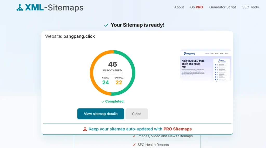 Kết quả quét URL của công cụ XML-Sitemaps.com