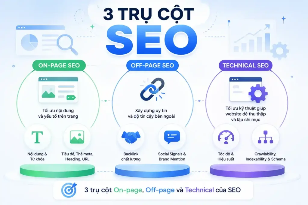 sơ đồ 3 trụ cột seo on page off page technical