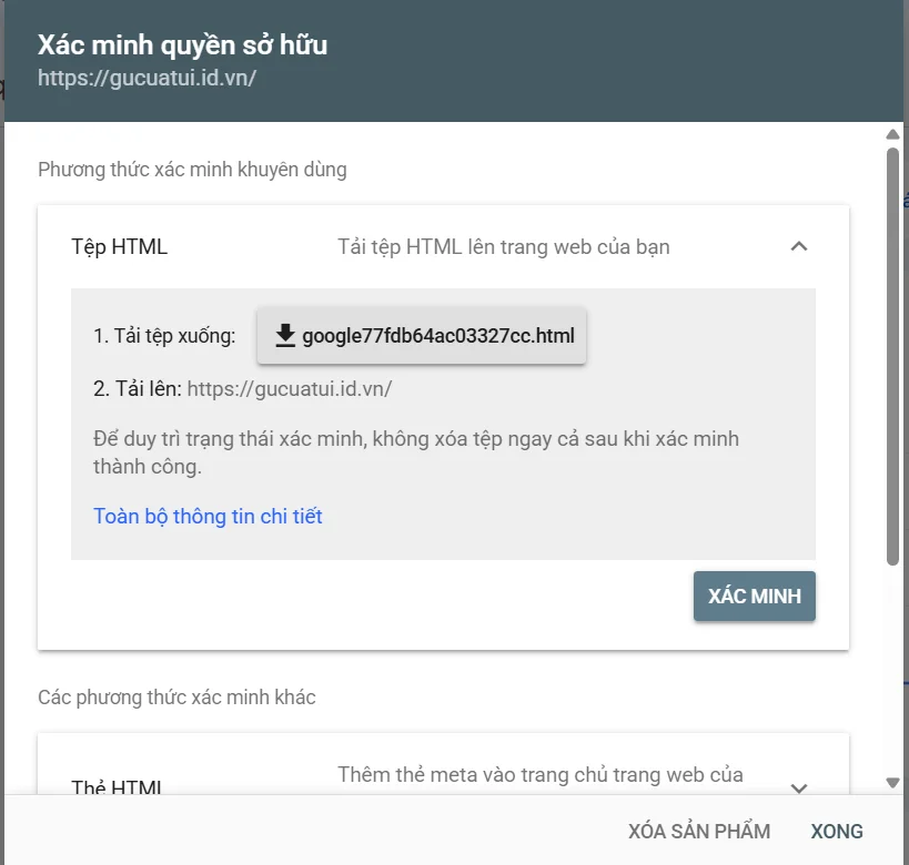 Xác minh Google Search Console bằng phương pháp thẻ html
