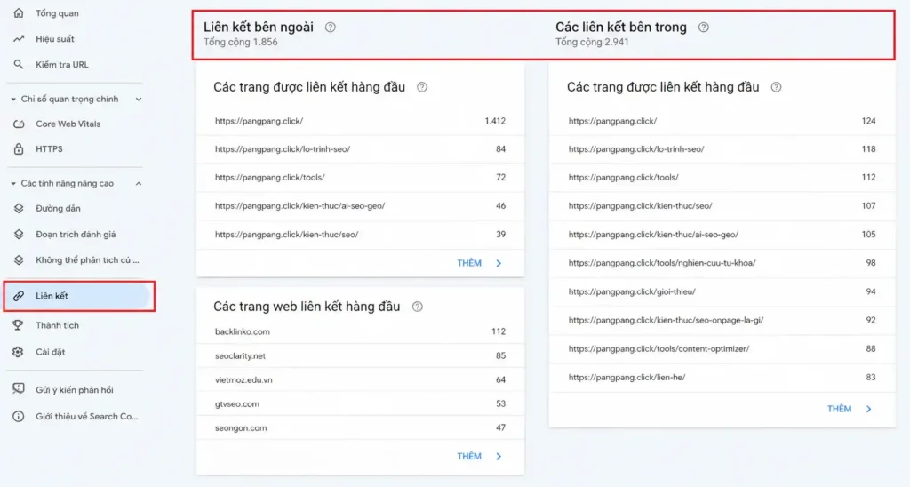 báo cáo backlink miễn phí trong mục Links của Google Search Console
