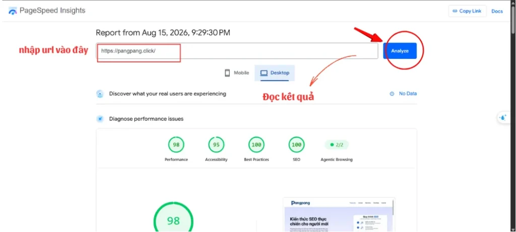 Kiểm tra tốc độ trang web bằng PageSpeed Insight