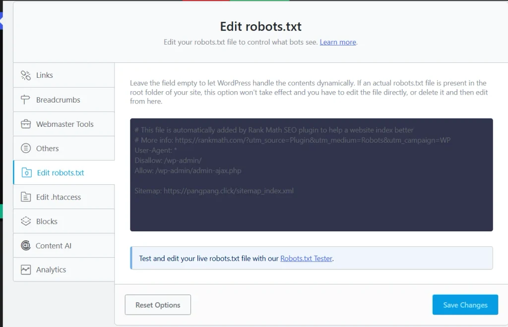 cách tạo và sửa file robots.txt trong plugin Rank Math