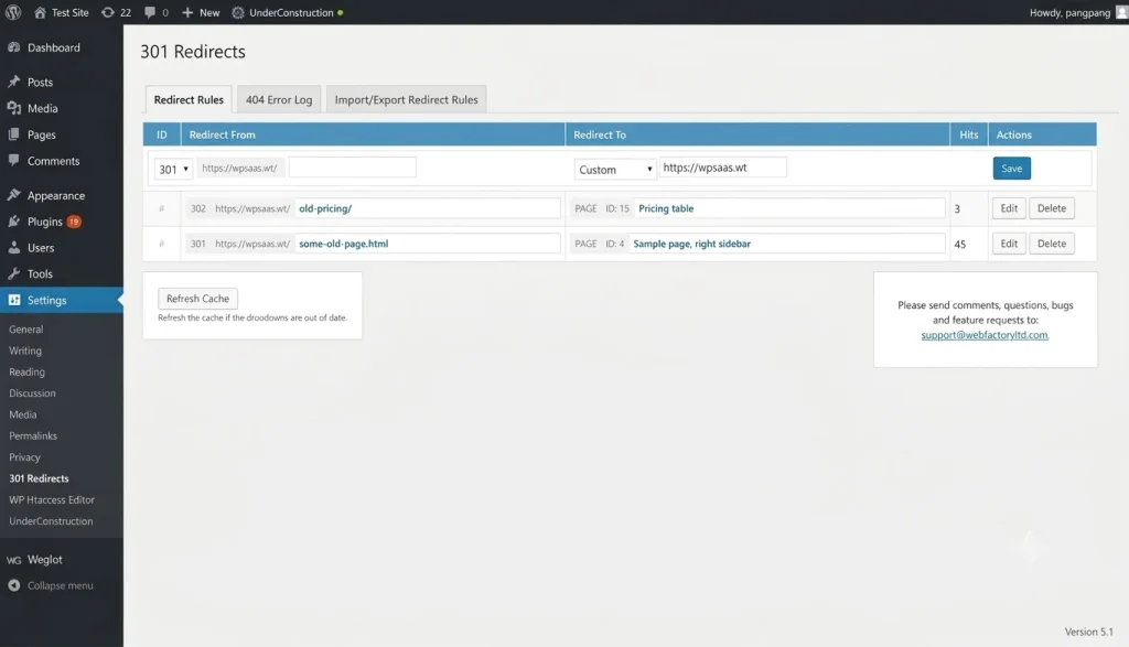 Màn hình thêm redirect 301 302 trong plugin Redirection WordPress