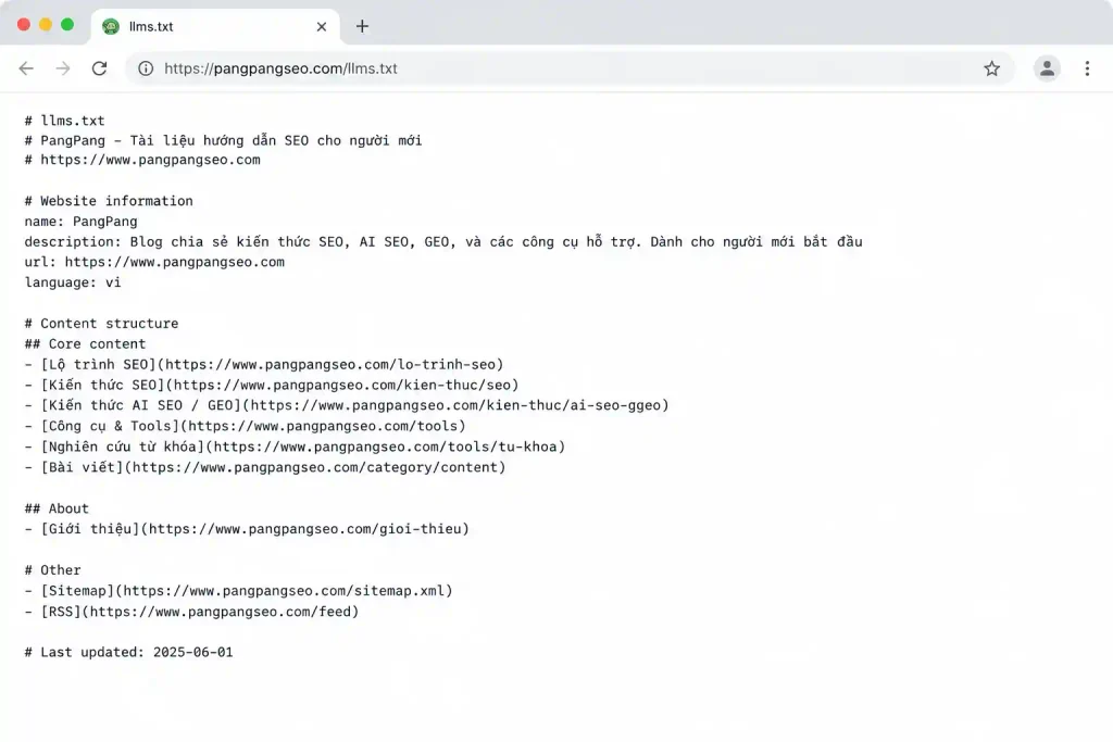 Ví dụ file llms.txt dạng Markdown hiển thị trên trình duyệt